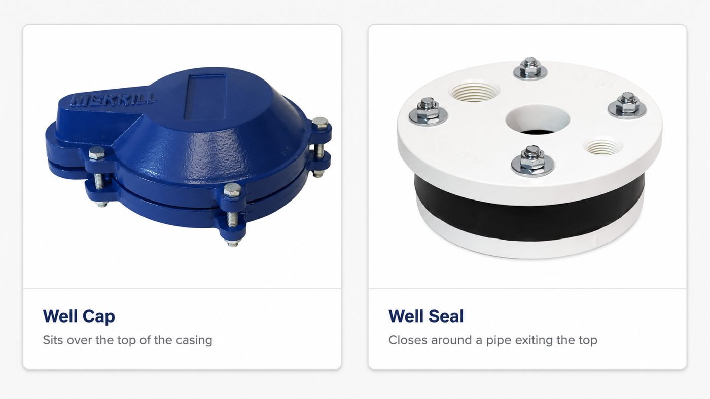 Merrill well cap that fits over a well casing next to a Merrill well seal that closes around a pipe exiting the top of the casing